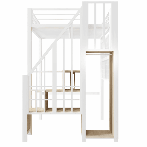 Cama alta 90x200 cm - estrutura em ferro, roupeiro integrado, escada com espaço de arrumação, grelha para pendurar objetos, espaço livre na parte inferior, luzes LED com 7 cores, sem colchão - branco