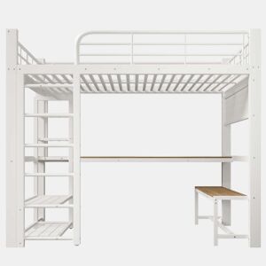 Cama alta 140×200 cm - Estrutura metálica, com grelha para pendurar objetos, faixa de LED, escadas com espaço de arrumação, sem colchão - Branco