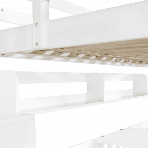 Beliche infantil 90x200 cm - com secretária regulável em altura, estante integrada e escada com espaço de arrumação - branco e natural