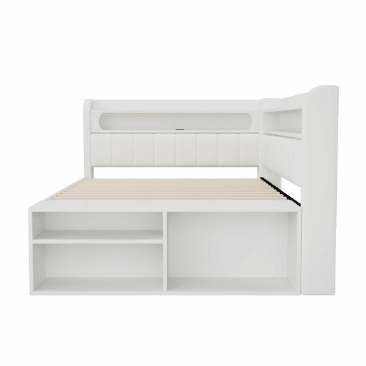 Sofá-cama estofado 90 x 200 cm - porta USB, iluminação LED, sapateira integrada, duas gavetas - branco