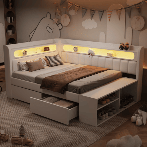 Sofá-cama estofado 90 x 200 cm - porta USB, iluminação LED, sapateira integrada, duas gavetas - branco