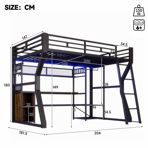 Cama alta com secretária 140x200 cm - estrutura em ferro com faixa de LED, tomada integrada, zona para pendurar roupa, secretária, prateleiras e compartimentos de arrumação, espaço inferior aberto, sem colchão - preto