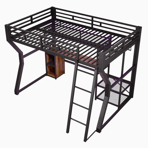 Cama alta com secretária 140x200 cm - estrutura em ferro com faixa de LED, tomada integrada, zona para pendurar roupa, secretária, prateleiras e compartimentos de arrumação, espaço inferior aberto, sem colchão - preto