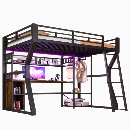 Cama alta com secretária 140x200 cm - estrutura em ferro com faixa de LED, tomada integrada, zona para pendurar roupa, secretária, prateleiras e compartimentos de arrumação, espaço inferior aberto, sem colchão - preto