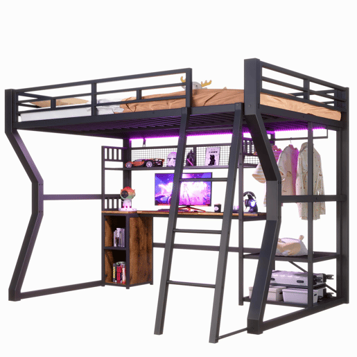 Cama alta com secretária 140x200 cm - estrutura em ferro com faixa de LED, tomada integrada, zona para pendurar roupa, secretária, prateleiras e compartimentos de arrumação, espaço inferior aberto, sem colchão - preto
