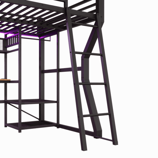 Cama alta com secretária 140x200 cm - estrutura em ferro com faixa de LED, tomada integrada, zona para pendurar roupa, secretária, prateleiras e compartimentos de arrumação, espaço inferior aberto, sem colchão - preto