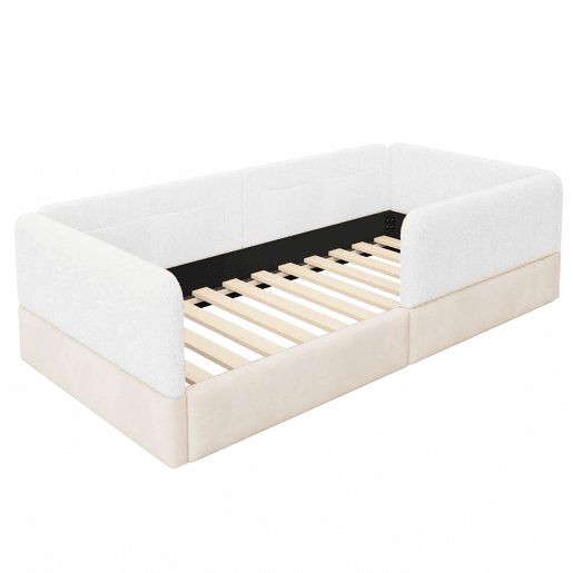 Cama de plataforma estofada 90x200 - com grade de segurança e saco de arrumação - branco