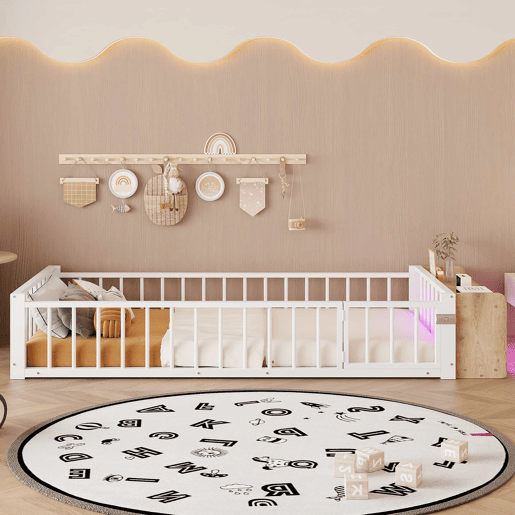 Cama baixa 90x200 cm - com grade de segurança, sem colchão, com compartimentos e luzes LED - Branco
