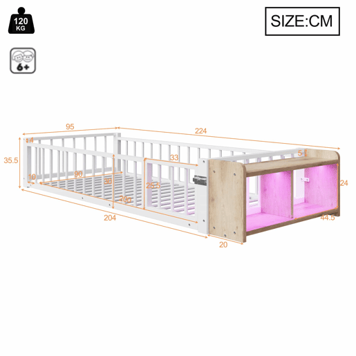 Cama baixa 90x200 cm - com grade de segurança, sem colchão, com compartimentos e luzes LED - Branco