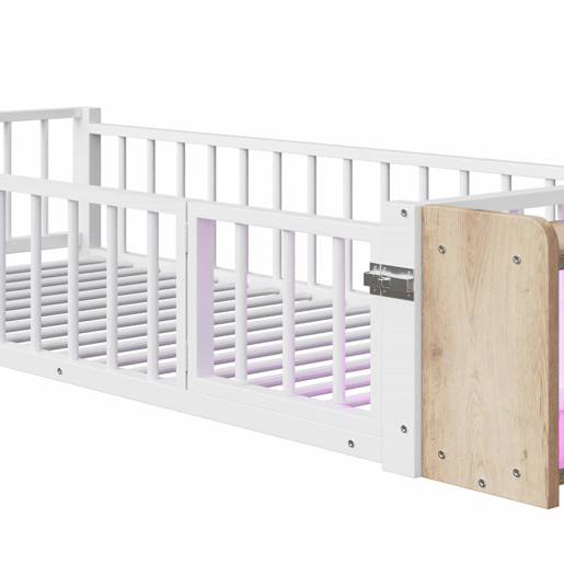 Cama baixa 90x200 cm - com grade de segurança, sem colchão, com compartimentos e luzes LED - Branco