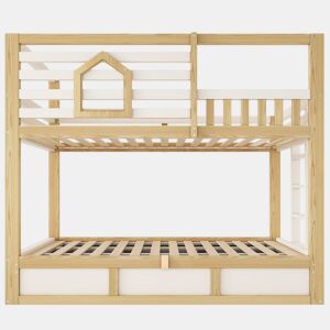 Cama de beliche infantil 90x200 cm - estilo cabana, janela, grade de segurança, escada reta, arrumação com sistema hidráulico para 2 crianças - CarvalhoBranco