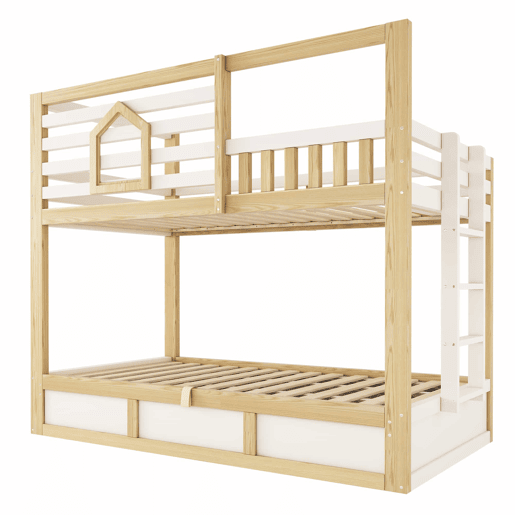 Cama de beliche infantil 90x200 cm - estilo cabana, janela, grade de segurança, escada reta, arrumação com sistema hidráulico para 2 crianças - CarvalhoBranco Cama de beliche infantil 90x200 cm - estilo cabana, janela, grade de segurança, escada reta, arrumação com sistema hidráulico para 2 crianças - CarvalhoBranco