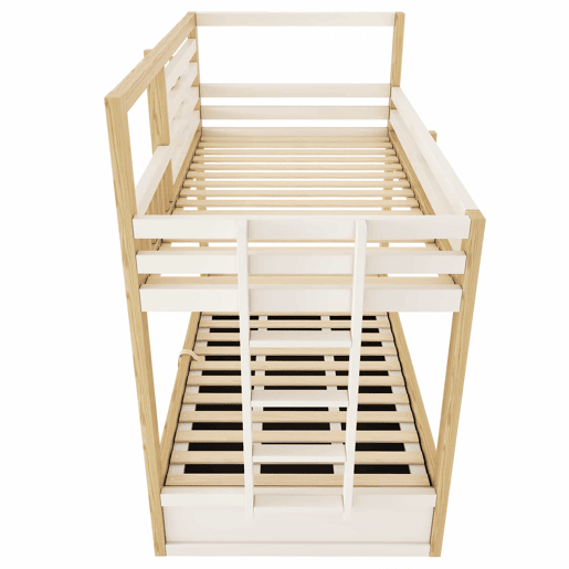 Cama de beliche infantil 90x200 cm - estilo cabana, janela, grade de segurança, escada reta, arrumação com sistema hidráulico para 2 crianças - CarvalhoBranco Cama de beliche infantil 90x200 cm - estilo cabana, janela, grade de segurança, escada reta, arrumação com sistema hidráulico para 2 crianças - CarvalhoBranco