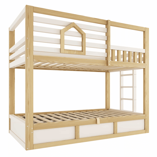 Cama de beliche infantil 90x200 cm - estilo cabana, janela, grade de segurança, escada reta, arrumação com sistema hidráulico para 2 crianças - CarvalhoBranco Cama de beliche infantil 90x200 cm - estilo cabana, janela, grade de segurança, escada reta, arrumação com sistema hidráulico para 2 crianças - CarvalhoBranco