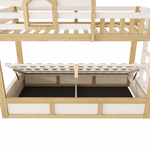 Cama de beliche infantil 90x200 cm - estilo cabana, janela, grade de segurança, escada reta, arrumação com sistema hidráulico para 2 crianças - CarvalhoBranco Cama de beliche infantil 90x200 cm - estilo cabana, janela, grade de segurança, escada reta, arrumação com sistema hidráulico para 2 crianças - CarvalhoBranco