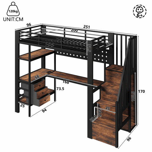 Cama alta 90x200 cm - em metal com secretária, gaveta, painel perfurado, prateleira, tomada e luz LED, sem colchão - preta