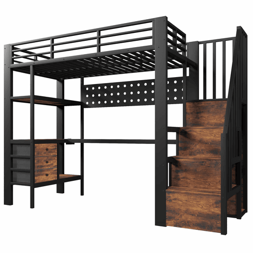 Cama alta 90x200 cm - em metal com secretária, gaveta, painel perfurado, prateleira, tomada e luz LED, sem colchão - preta