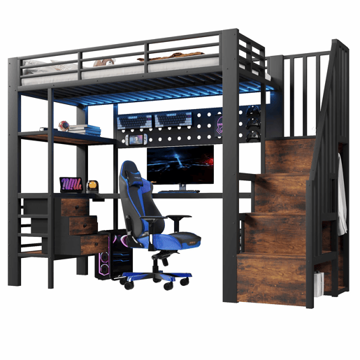 Cama alta 90x200 cm - em metal com secretária, gaveta, painel perfurado, prateleira, tomada e luz LED, sem colchão - preta
