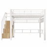 Cama alta 140×200 cm - Estrutura em metal, com barra para pendurar objetos, com iluminação LED, escadas com espaço de arrumação - Branco