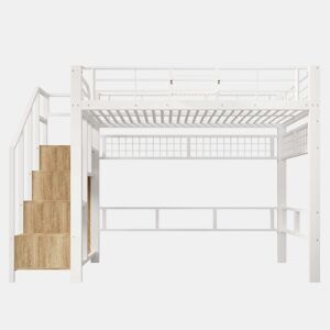 Cama alta 140×200 cm - Estrutura em metal, com barra para pendurar objetos, com iluminação LED, escadas com espaço de arrumação - Branco