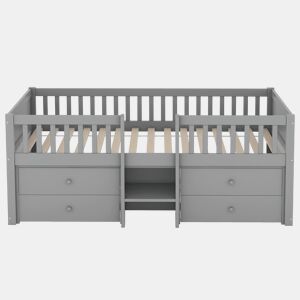 Cama de criança 90x200cm madeira maciça - com 4 gavetas - Cinzento (colchão não incluído)