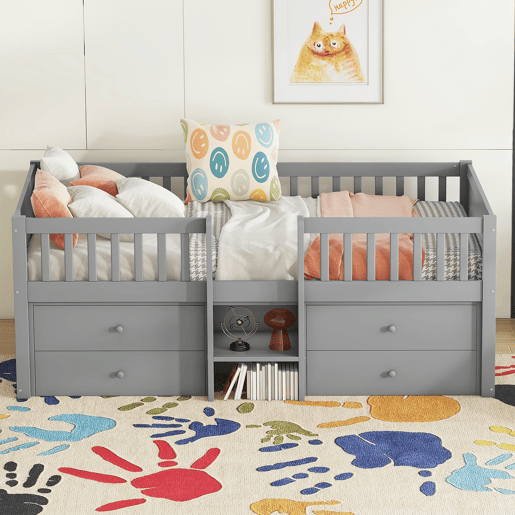 Cama de criança 90x200cm madeira maciça - com 4 gavetas - Cinzento (colchão não incluído)