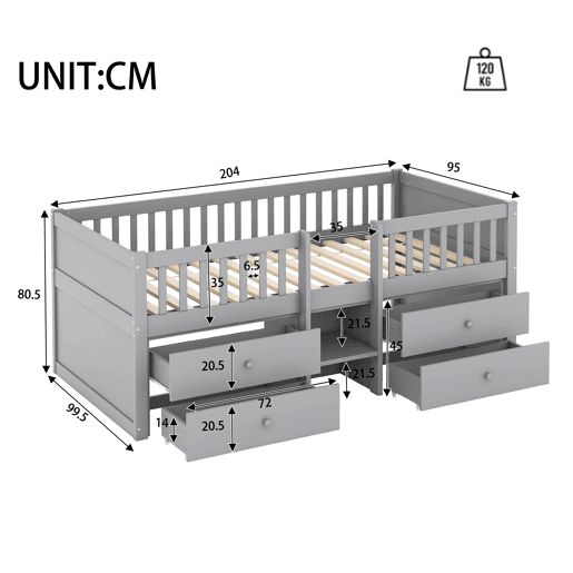 Cama de criança 90x200cm madeira maciça - com 4 gavetas - Cinzento (colchão não incluído)