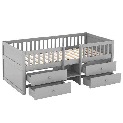 Cama de criança 90x200cm madeira maciça - com 4 gavetas - Cinzento (colchão não incluído)