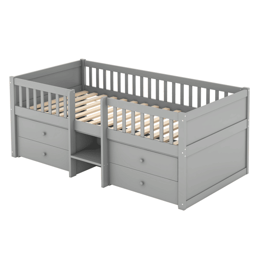 Cama de criança 90x200cm madeira maciça - com 4 gavetas - Cinzento (colchão não incluído)