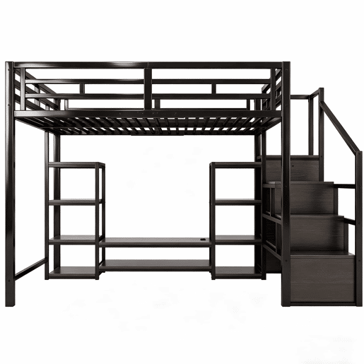 Beliche alto 140x200 - suporte para TV, tomada, escada de segurança, arrumação, combinação de metal e madeira - Preto