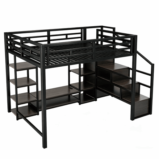 Beliche alto 140x200 - suporte para TV, tomada, escada de segurança, arrumação, combinação de metal e madeira - Preto