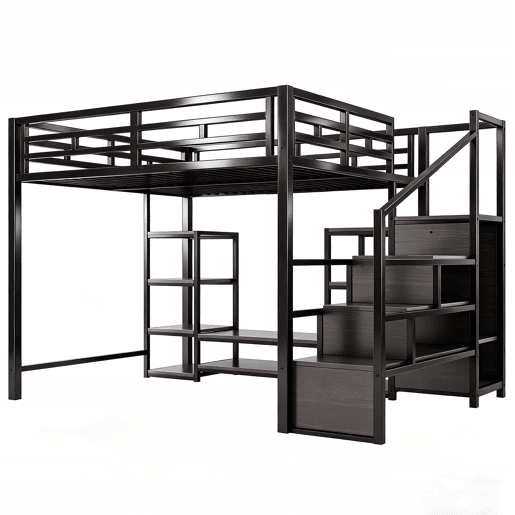 Beliche alto 140x200 - suporte para TV, tomada, escada de segurança, arrumação, combinação de metal e madeira - Preto