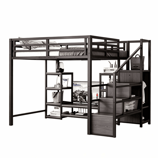 Beliche alto 140x200 - suporte para TV, tomada, escada de segurança, arrumação, combinação de metal e madeira - Preto