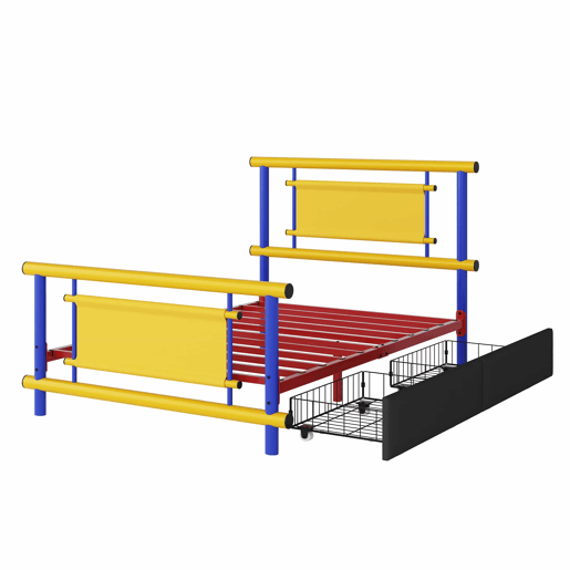 Estrutura de cama infantil em metal 90x200 - com gavetas, cama de plataforma, construção robusta em aço, design com cores vivas, economia de espaço para quartos de meninos e meninas - azul