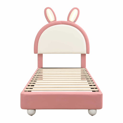 Cama estofada individual 90x200 cm - cabeceira em forma de coelho, faixa de LED, borda de espuma anti-colisão, estrutura estável em PU + contraplacado - rosa e branco