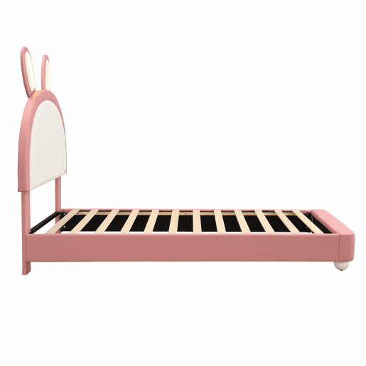 Cama estofada individual 90x200 cm - cabeceira em forma de coelho, faixa de LED, borda de espuma anti-colisão, estrutura estável em PU + contraplacado - rosa e branco