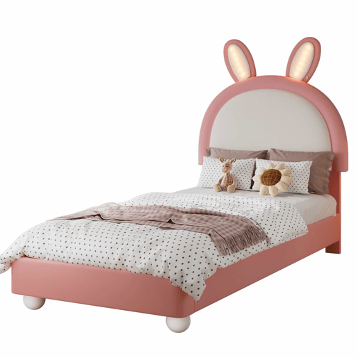 Cama estofada individual 90x200 cm - cabeceira em forma de coelho, faixa de LED, borda de espuma anti-colisão, estrutura estável em PU + contraplacado - rosa e branco