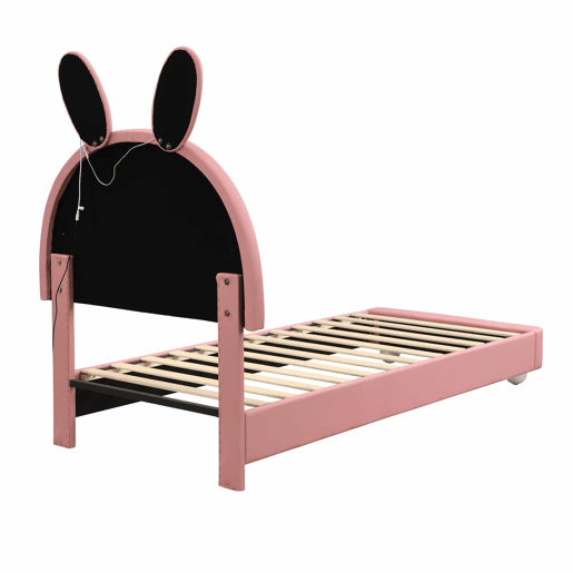 Cama estofada individual 90x200 cm - cabeceira em forma de coelho, faixa de LED, borda de espuma anti-colisão, estrutura estável em PU + contraplacado - rosa e branco