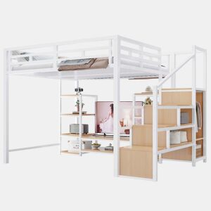 Cama alta 140x200 - Com suporte para TV, tomada elétrica e escada de segurança, combinação de metal e madeira, moderna e economizadora de espaço, cama infantil com arrumação prática - Branca