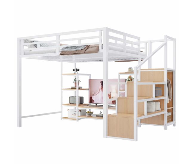Cama alta 140x200 - con soporte para tv, toma de corriente y escalera de seguridad, combinación metálica y madera, moderna y ahorradora de espacio,