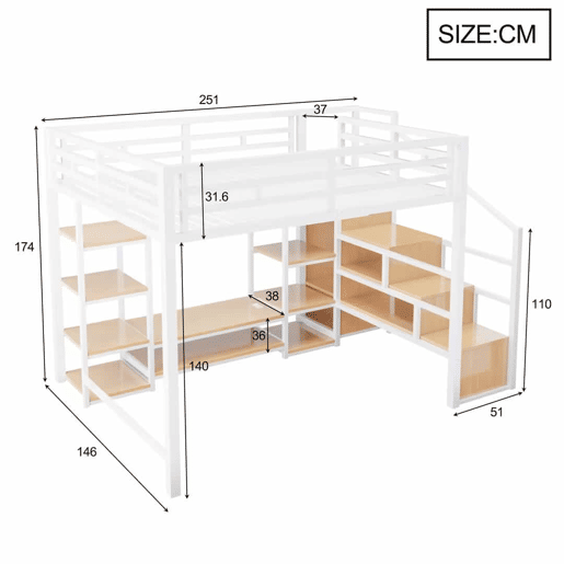 Cama alta 140x200 - Com suporte para TV, tomada elétrica e escada de segurança, combinação de metal e madeira, moderna e economizadora de espaço, cama infantil com arrumação prática - Branca