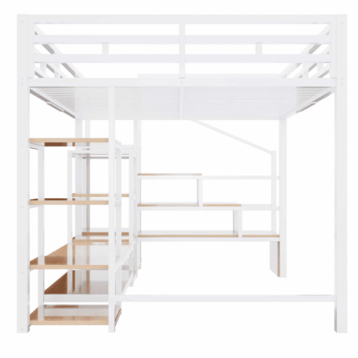 Cama alta 140x200 - Com suporte para TV, tomada elétrica e escada de segurança, combinação de metal e madeira, moderna e economizadora de espaço, cama infantil com arrumação prática - Branca