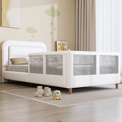 Cama de plataforma estofada 90x200 - com grade de segurança - branca