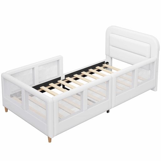 Cama de plataforma estofada 90x200 - com grade de segurança - branca
