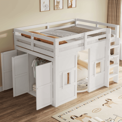 Cama alta em madeira 140x200 cm - com roupeiro integrado, 2 janelas e iluminação LED - branca