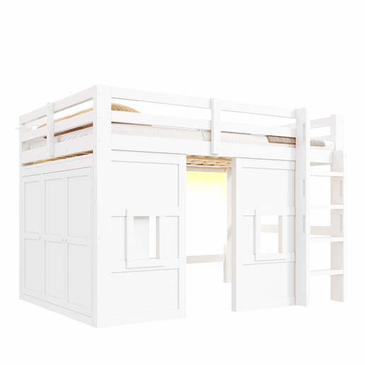 Cama alta em madeira 140x200 cm - com roupeiro integrado, 2 janelas e iluminação LED - branca