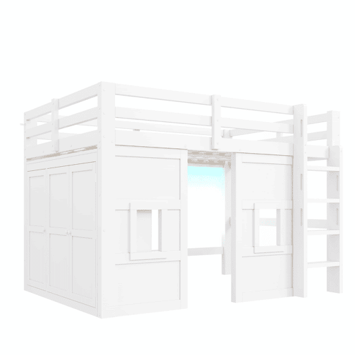 Cama alta em madeira 140x200 cm - com roupeiro integrado, 2 janelas e iluminação LED - branca