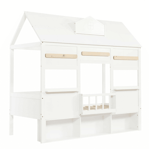 Cama alta infantil 90x200 - Design em forma de casa com prateleira, base robusta - Branco