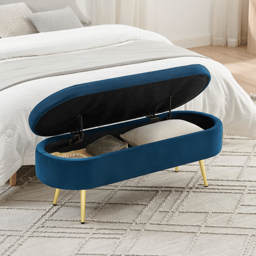 Banco com espaço de arrumação multifuncional 110 x 40 x 42 cm - tecido de veludo macio, pés metálicos, estrutura em madeira maciça, 20 L de arrumação, ideal para o quarto, sala de estar e hall de entrada - azul