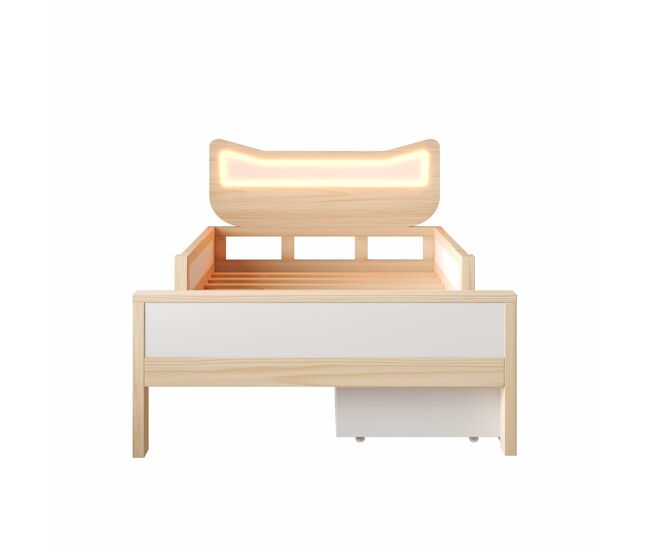 Cama infantil 90x190 cm - cabecero con orejas de gato, led rgb, cajón y almacenaje reversible, con barandillas de seguridad - blanco y roble